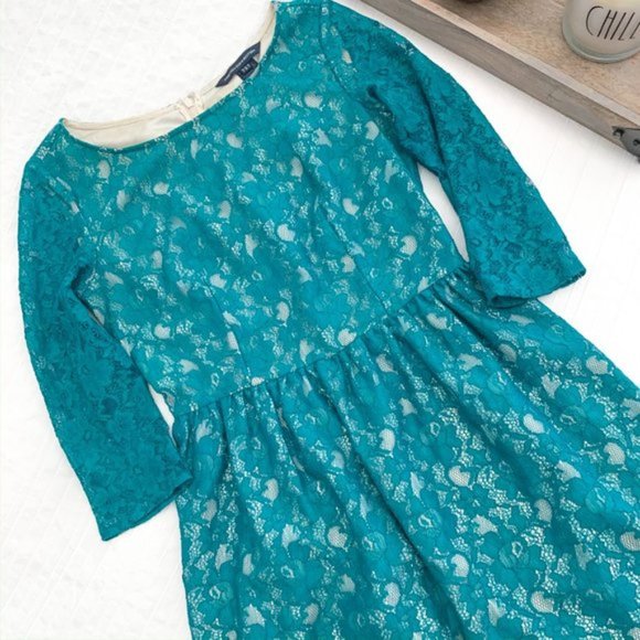 French Connection Teal Lace Long Sleeve Dress - Picture 4 of 14